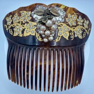 Antique early 1900s faux tortoiseshell celluloid rhinestones grapes hair comb